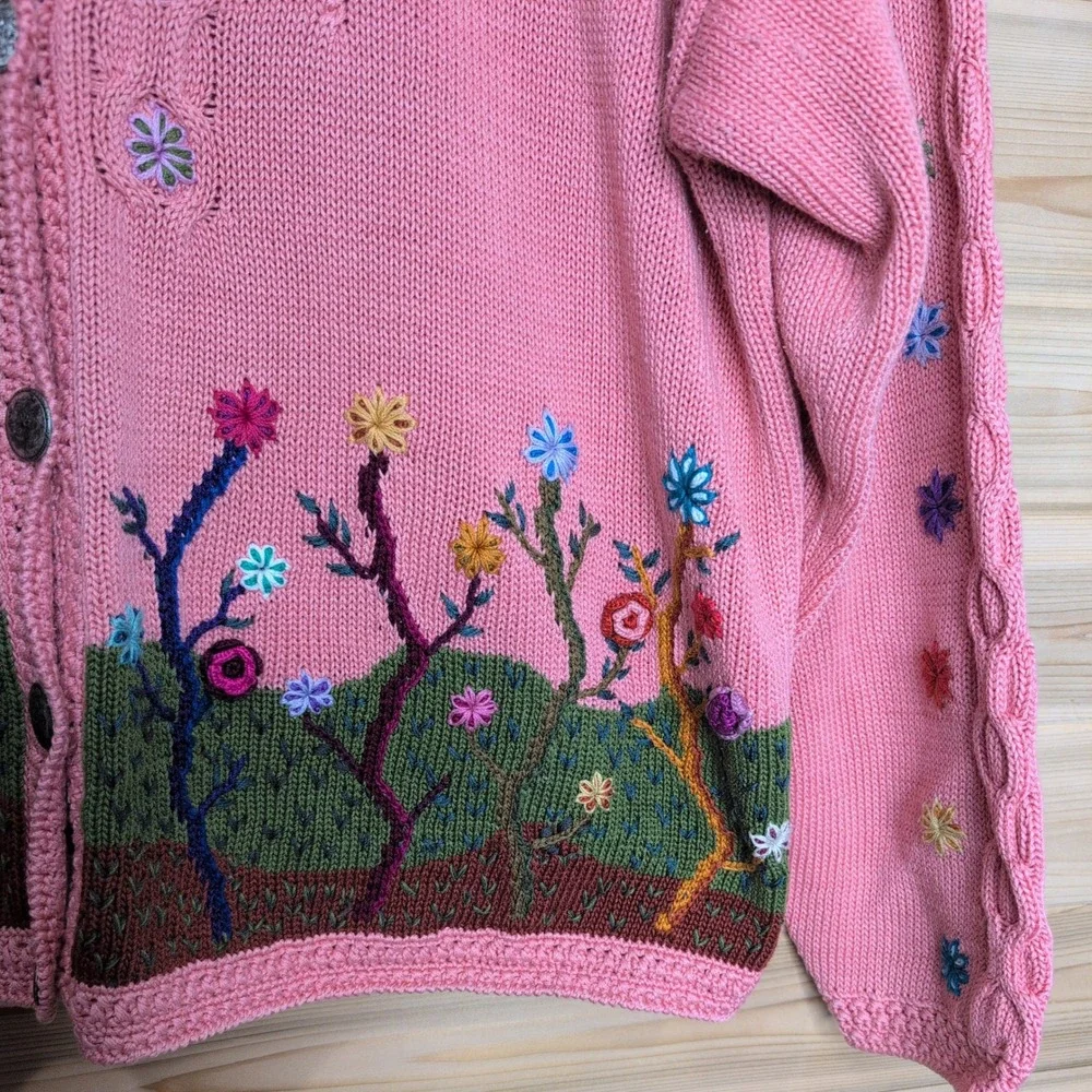 Vintage Caamano Pink Handknit Pima Cotton Floral Garden Cardigan Large‎ - Picture 4 of 10